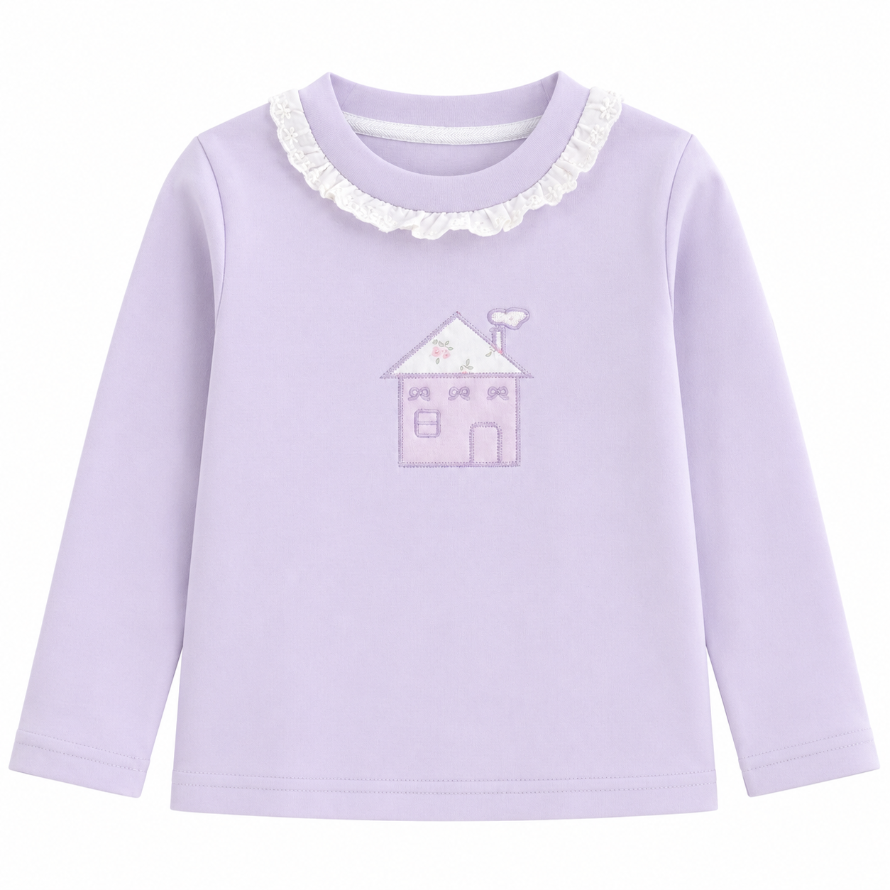 Front flat lay of the Lavender girls cotton long sleeve top with ruffle collar and storybook house embroidery on a white background.