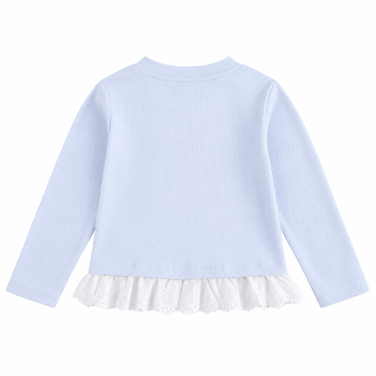 Back flat lay of a light blue girls long sleeve ruffle top on a white background.