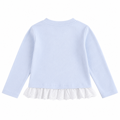 Back flat lay of a light blue girls long sleeve ruffle top on a white background.