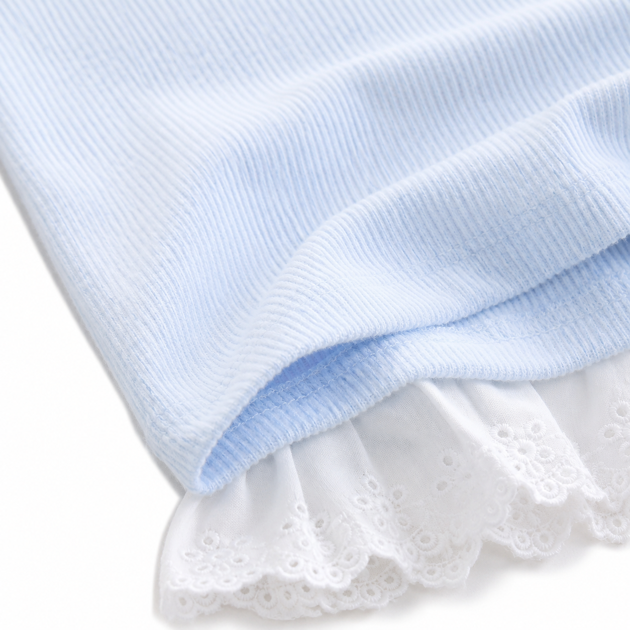 Close-up of the cotton rib texture and ruffle hem on a light blue girls top.