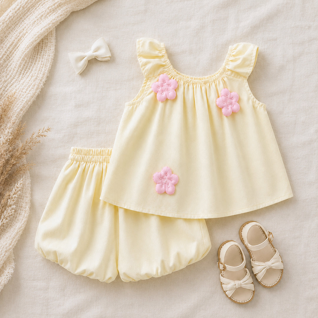 Lila Bloom Set in soft yellow featuring a floral sleeveless top and matching bloomer shorts.