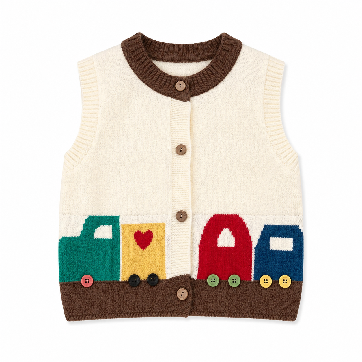 Front flat lay of the ivory brown kids knit cardigan vest with colorful vehicle motifs.