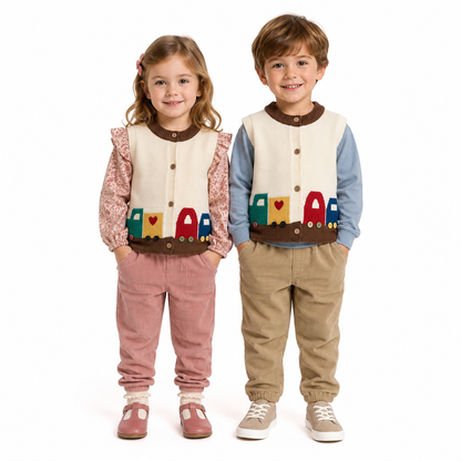 Child model wearing the ivory brown unisex kids knit cardigan vest for layered fall styling.