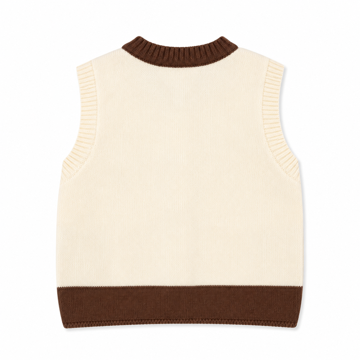 Back flat lay of the ivory brown kids sleeveless knit cardigan vest.