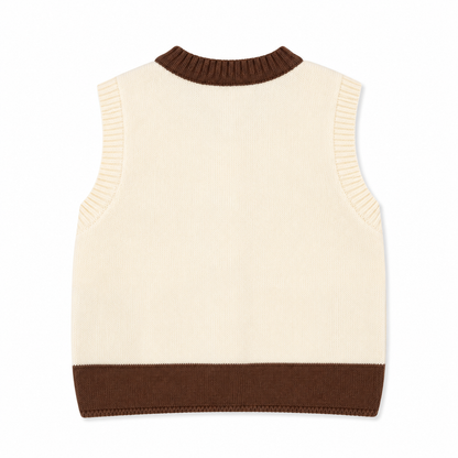Back flat lay of the ivory brown kids sleeveless knit cardigan vest.