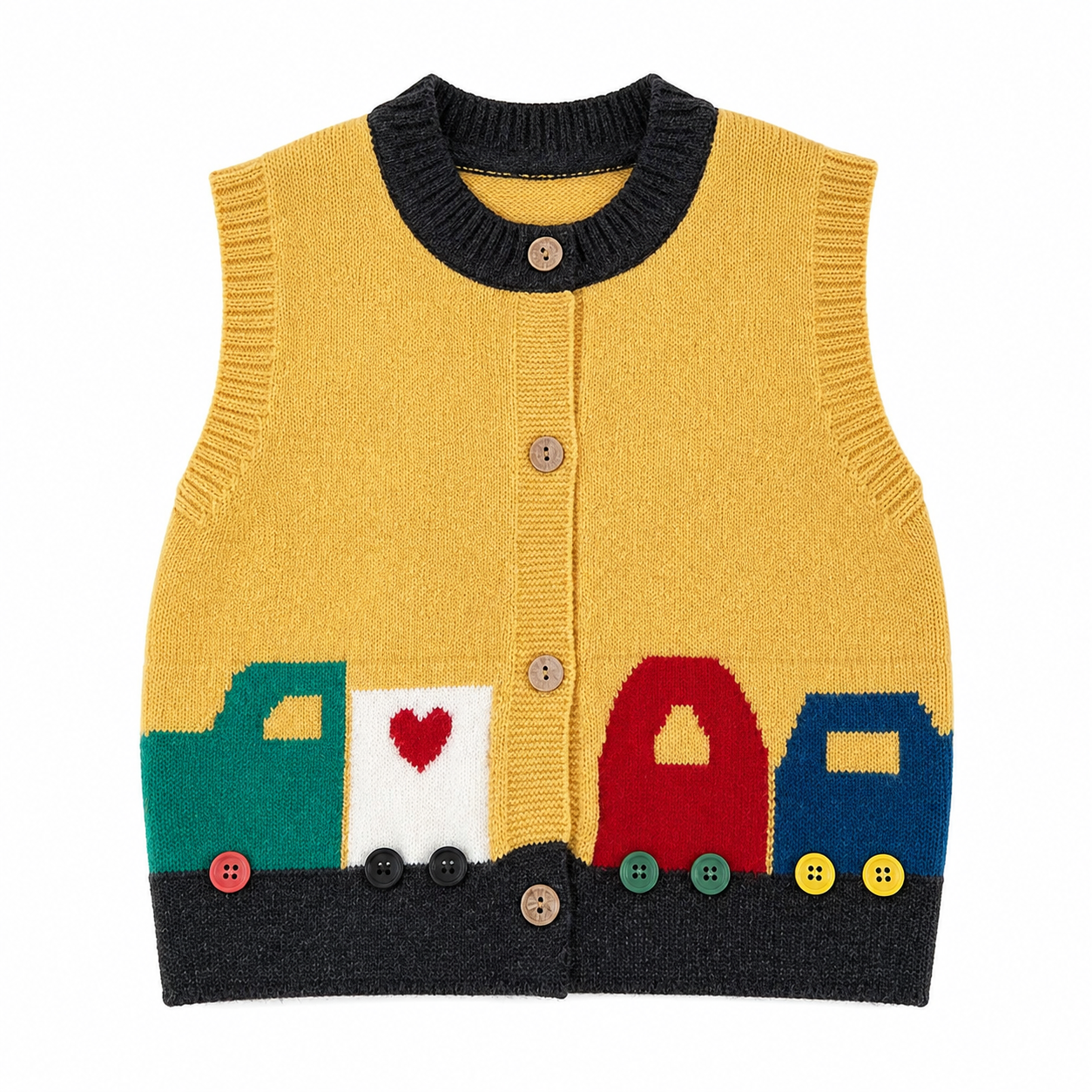 Front flat lay of the mustard navy kids knit cardigan vest with colorful vehicle motifs.