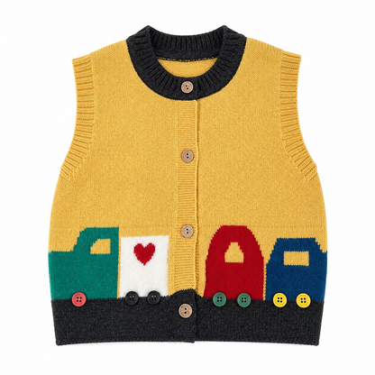 Front flat lay of the mustard navy kids knit cardigan vest with colorful vehicle motifs.