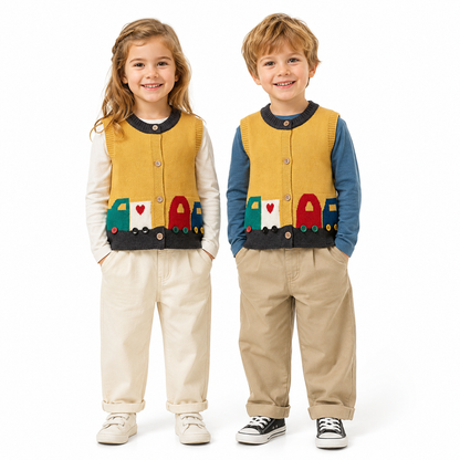 Child model wearing the mustard navy unisex kids knit cardigan vest for layered fall styling.