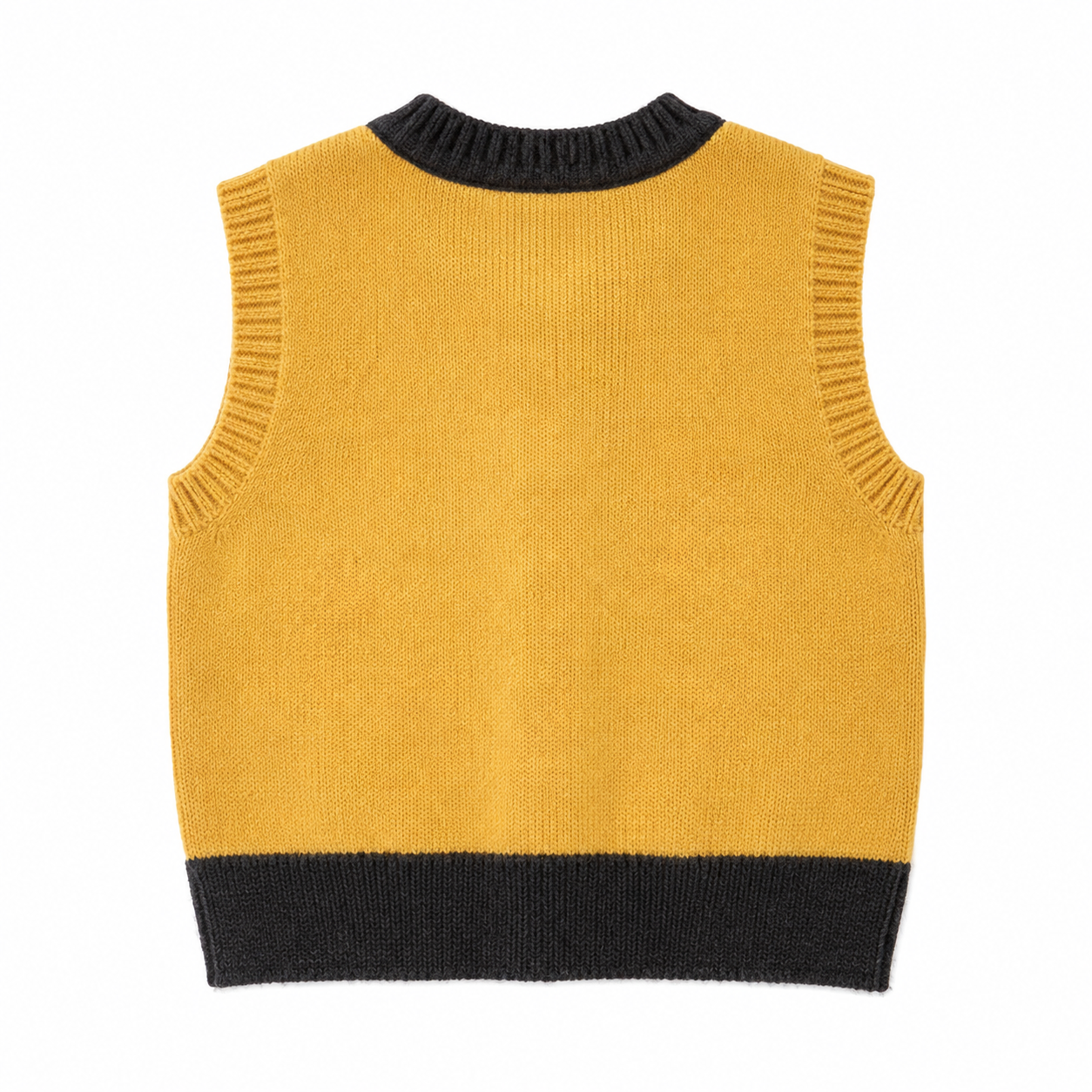 Back flat lay of the mustard navy kids sleeveless knit cardigan vest.