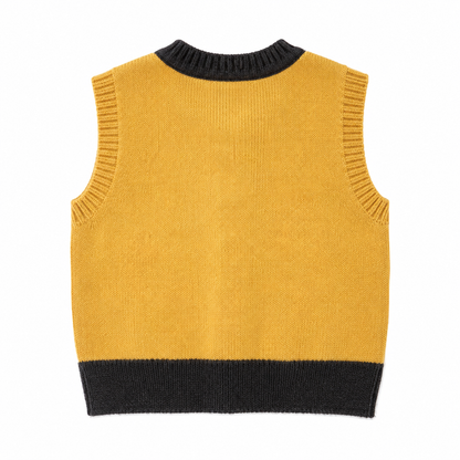 Back flat lay of the mustard navy kids sleeveless knit cardigan vest.