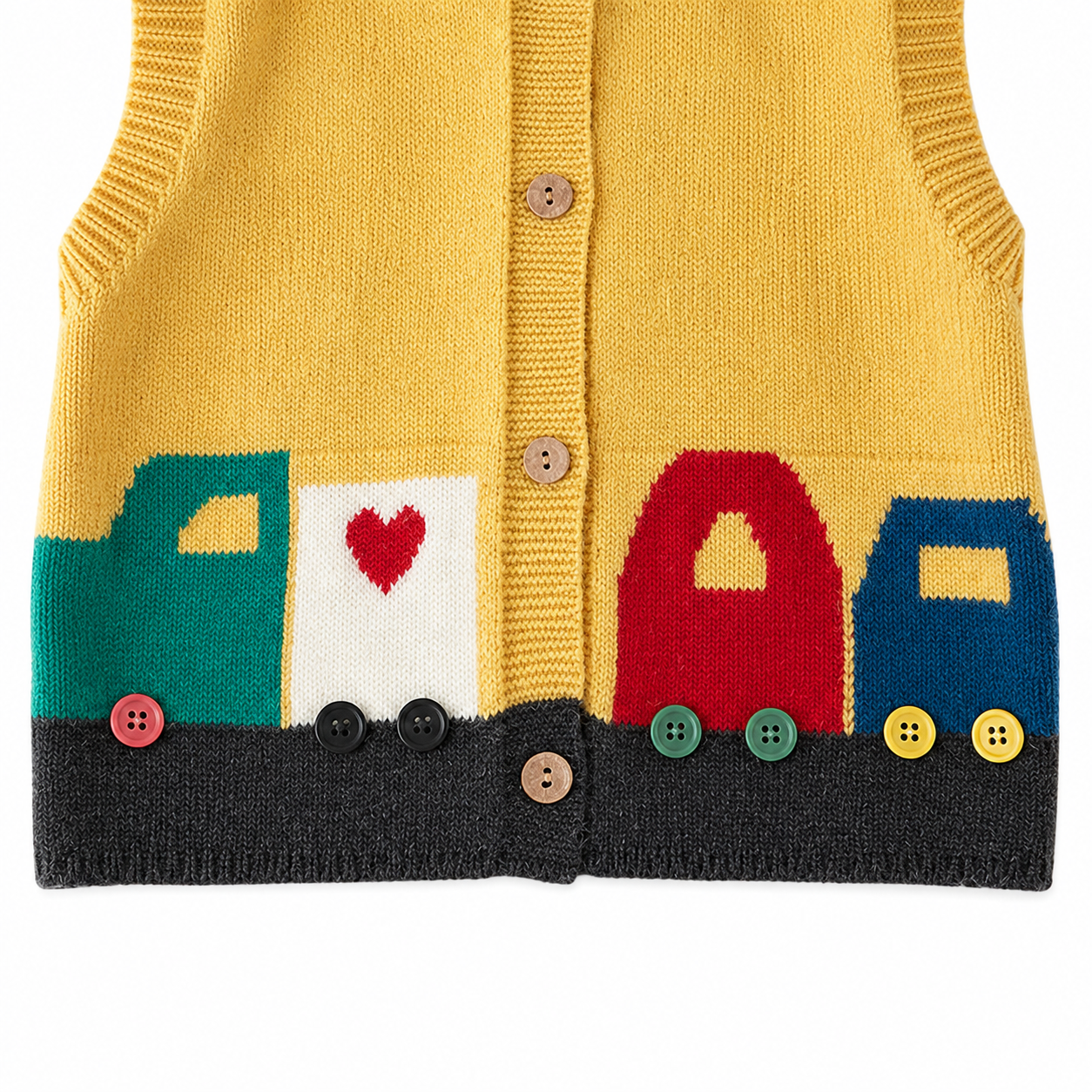 Close-up of the colorful vehicle motif and button-wheel details on the mustard navy kids knit vest.