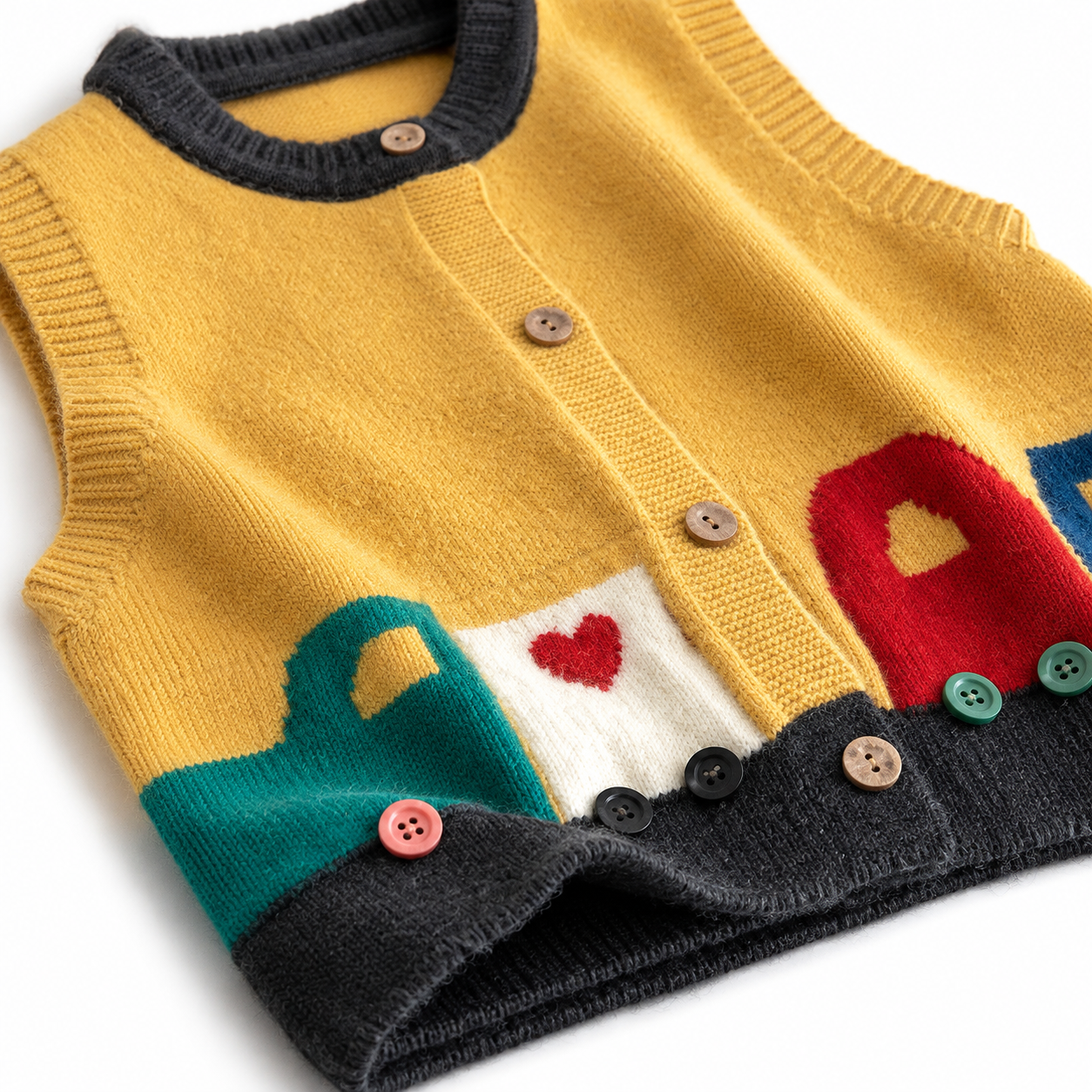 Close-up of the acrylic knit texture and ribbed hem on the mustard navy kids vest.