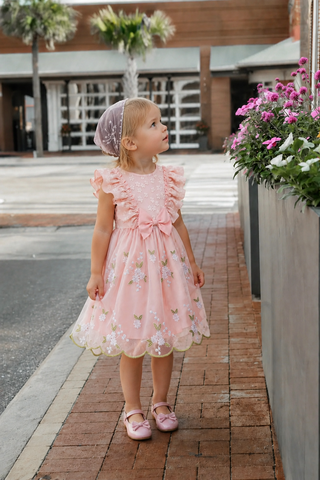 Toddler girl wearing the Lottie Bloom pink floral embroidered tulle dress