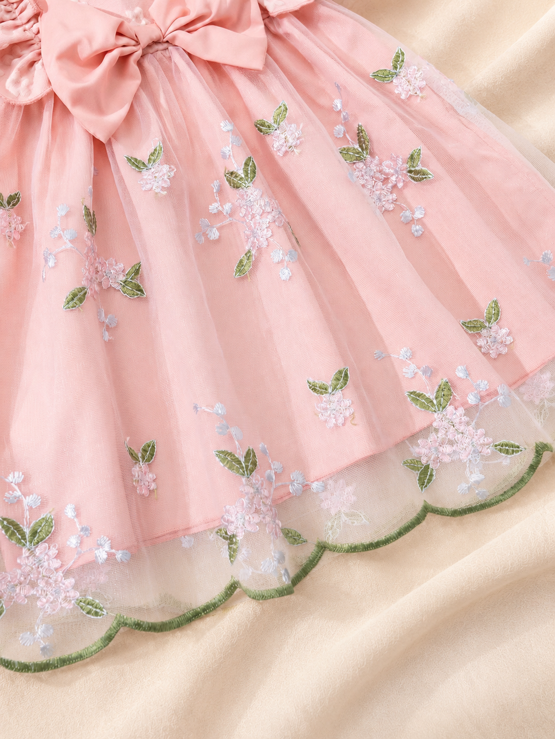 Floral embroidery detail on Lottie Bloom girls party dress
