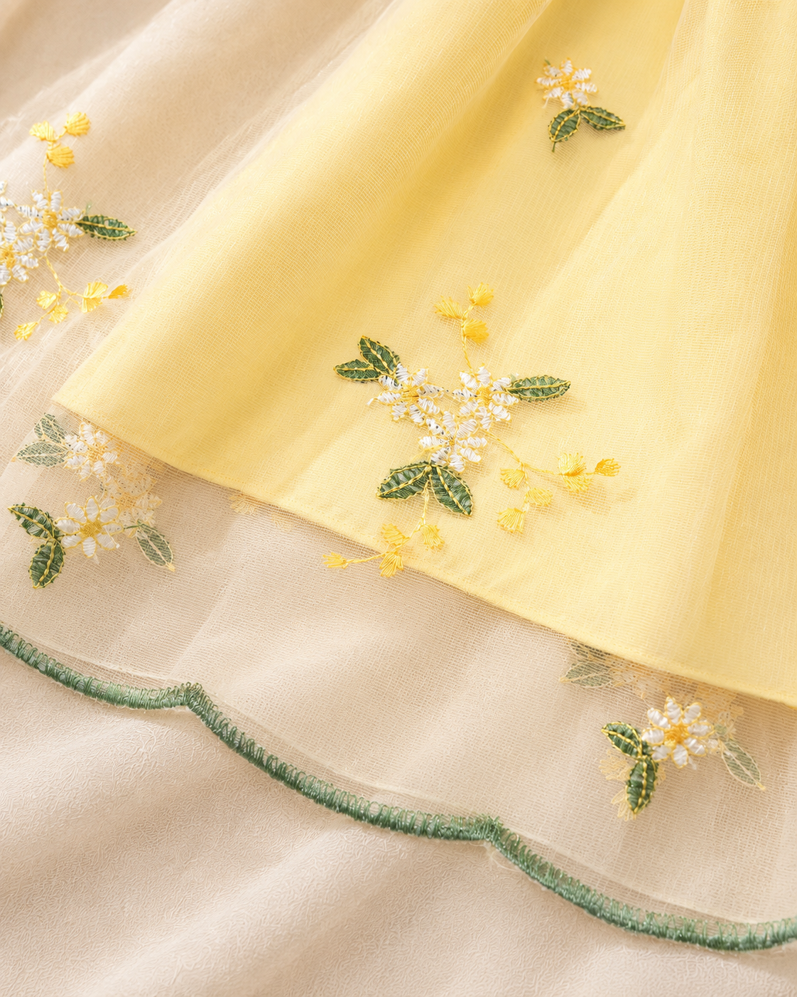 Scalloped hem detail on yellow Lottie Bloom tulle dress