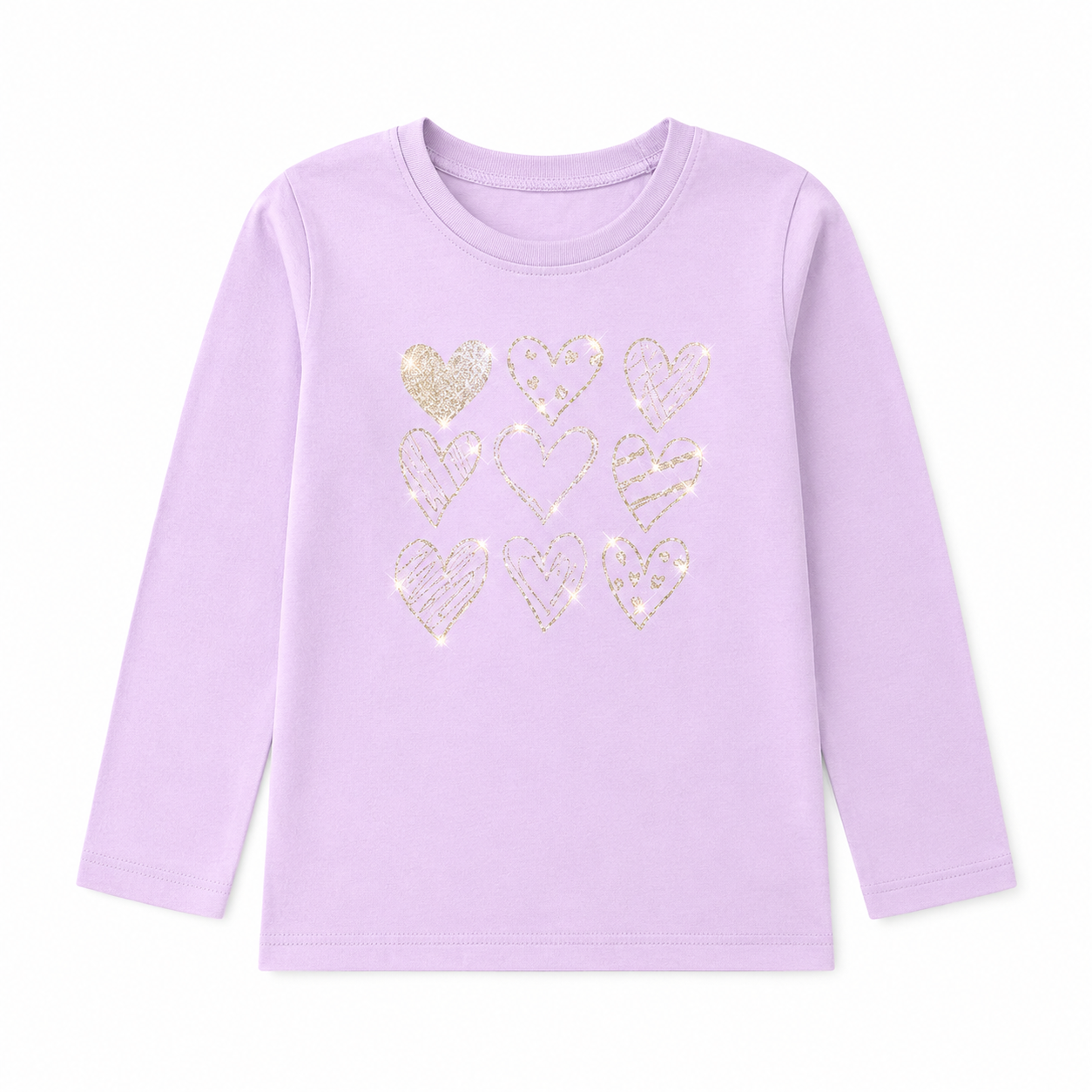 Front flat lay of the lavender girls cotton long sleeve tee with gold heart graphics.