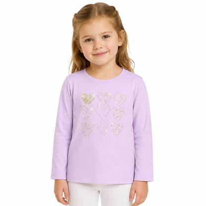 Girl model wearing the lavender long sleeve tee with gold heart graphics.