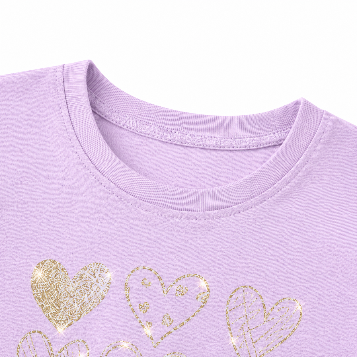 Close-up of the crew neckline on the lavender girls long sleeve tee.