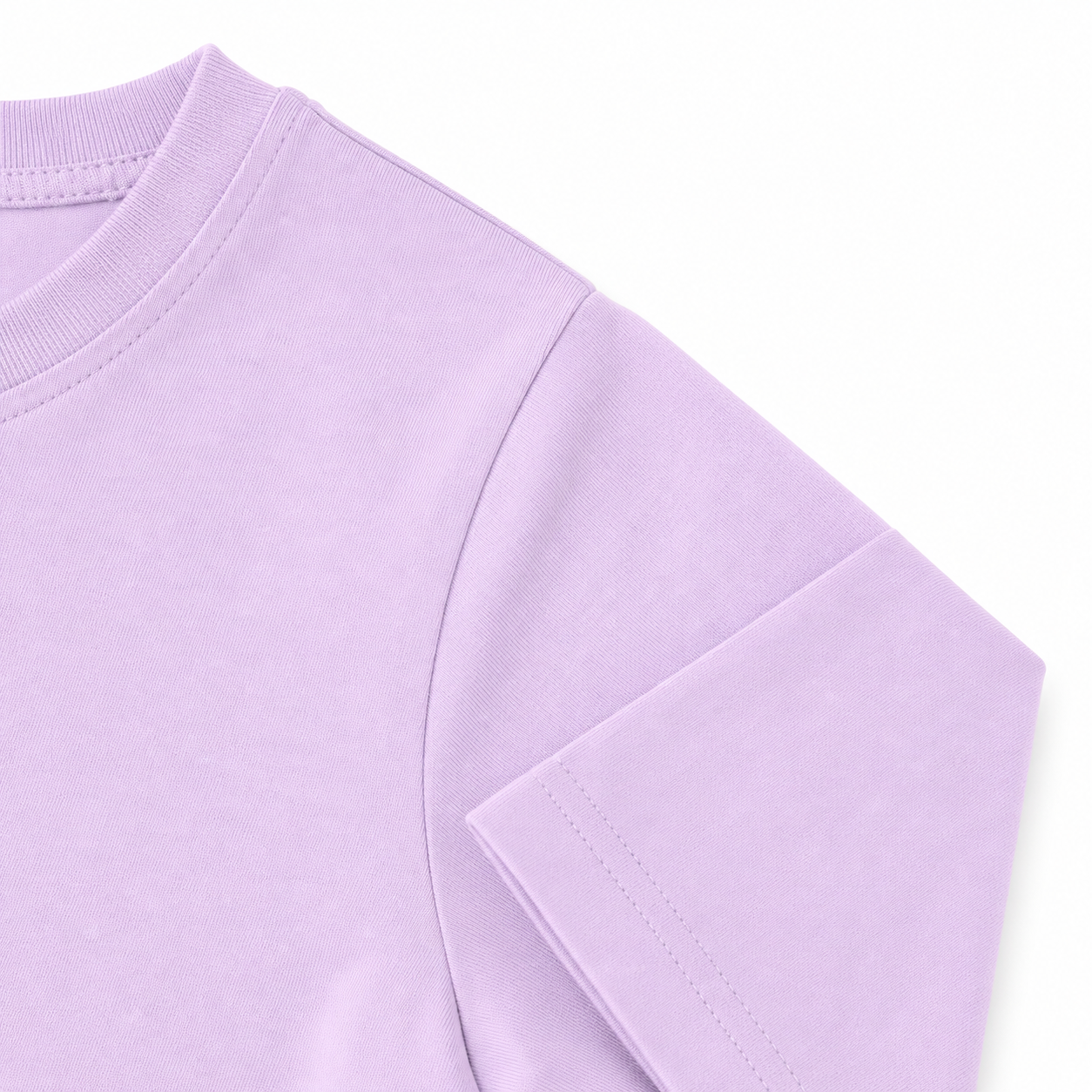 Close-up of the lavender sleeve and shoulder stitching.