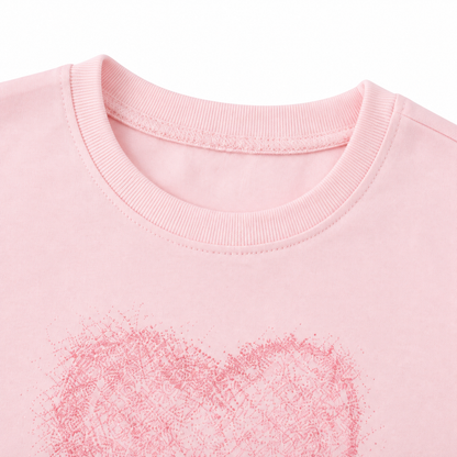 Close-up of the crew neckline on the light pink girls long sleeve tee.