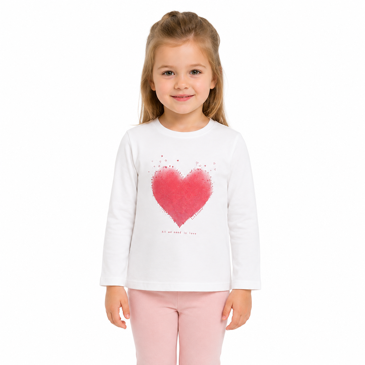 Girl model wearing the white long sleeve tee with a red heart graphic.