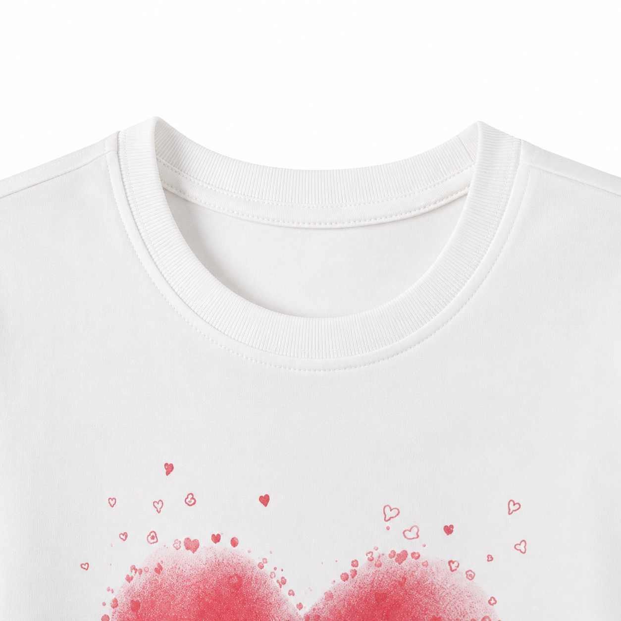 Close-up of the crew neckline and upper heart detail on the white girls tee.