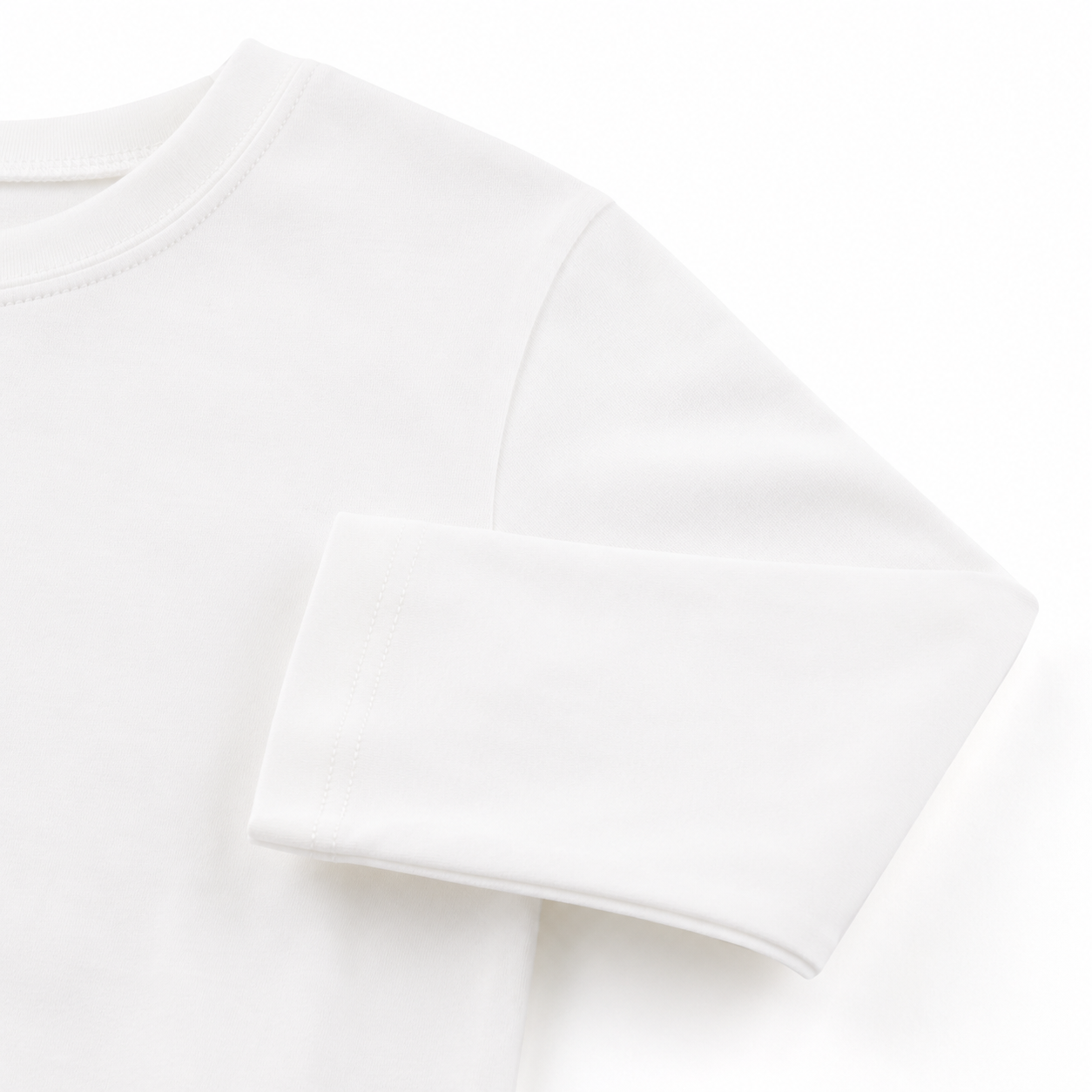 Close-up of the white long sleeve and shoulder stitching.