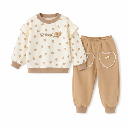 Front flat lay of the camel brown girls cotton heart print jogger set.