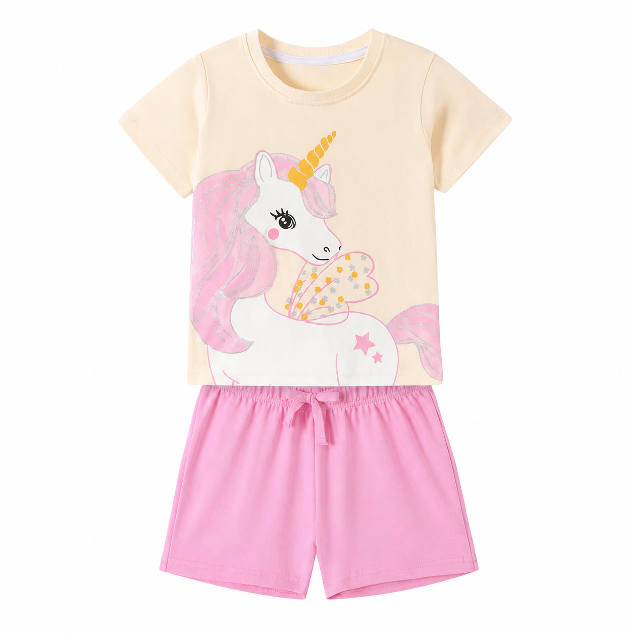 Front flat lay of an ivory and pink girls unicorn cotton shorts set.