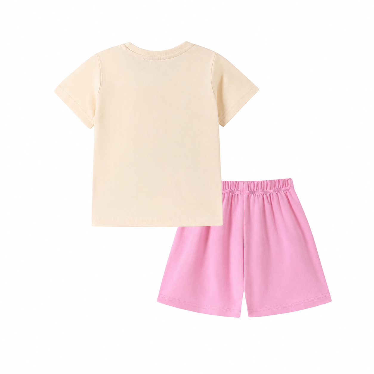 Back flat lay of the ivory T-shirt and pink shorts girls two piece set.