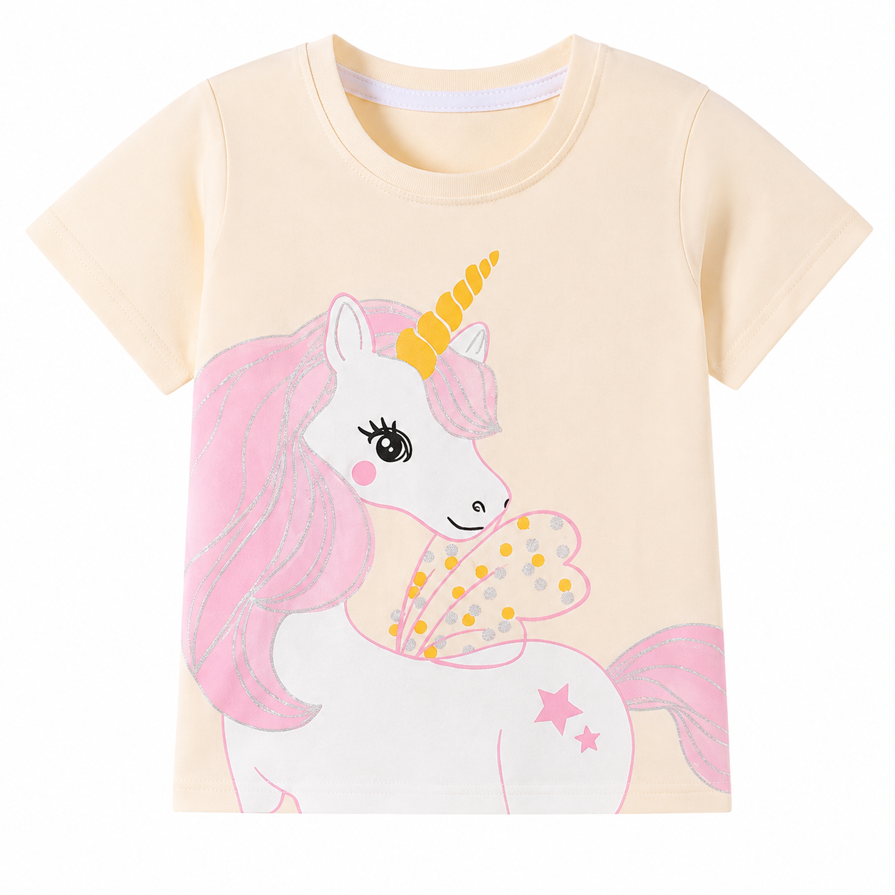 Close-up of the unicorn graphic on the ivory girls T-shirt.