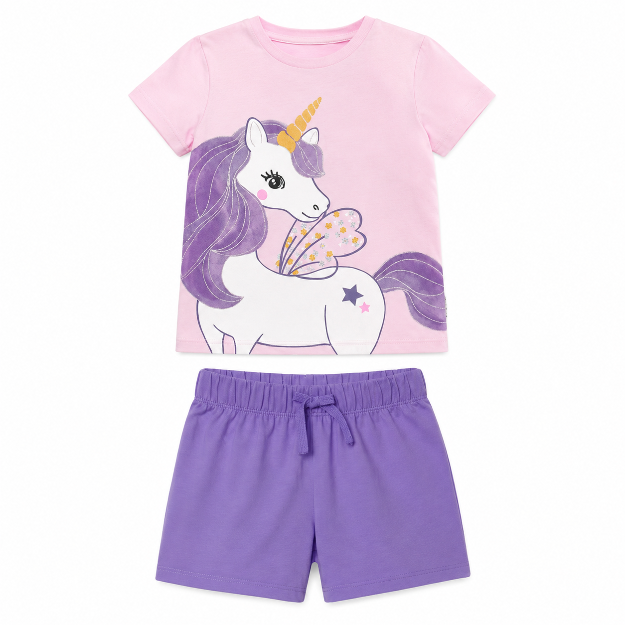 Front flat lay of a pink and purple girls unicorn cotton shorts set.