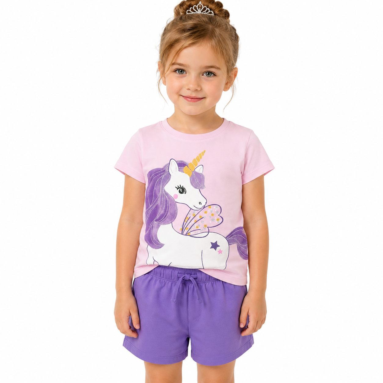 Girl model wearing the pink T-shirt and purple shorts unicorn outfit set.