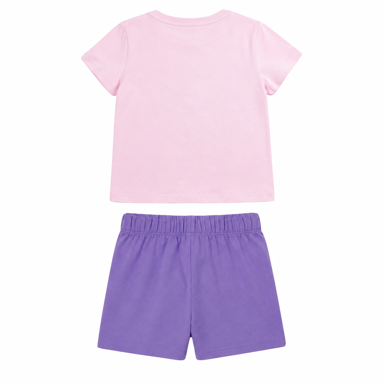 Back flat lay of the pink T-shirt and purple shorts girls two piece set.