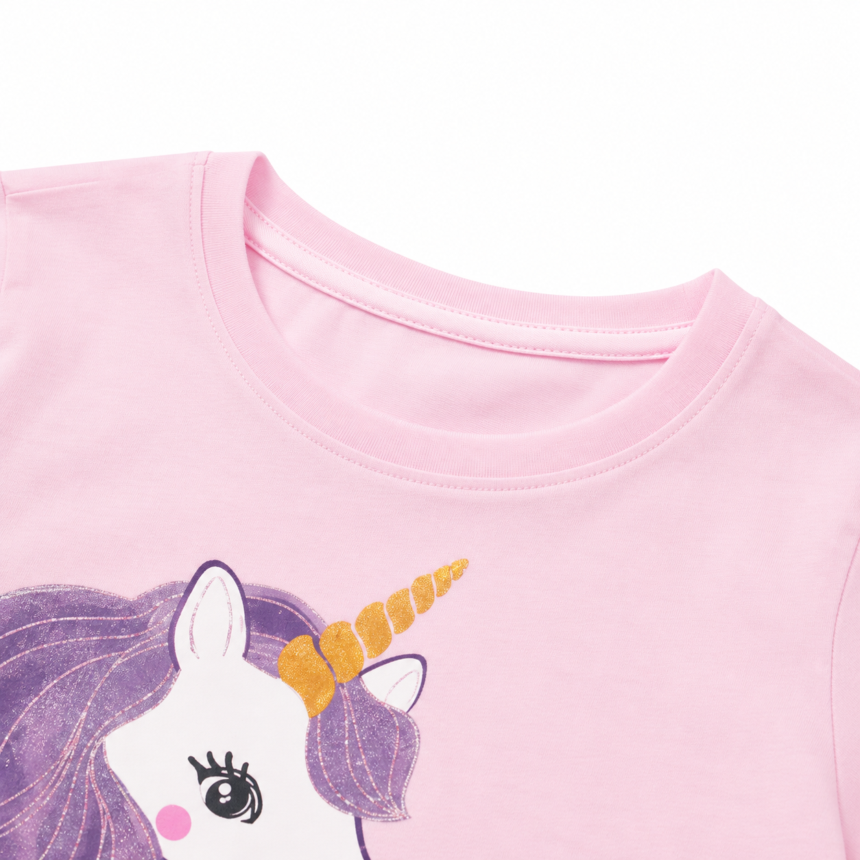 Close-up of the pink crew neckline and unicorn graphic detail.
