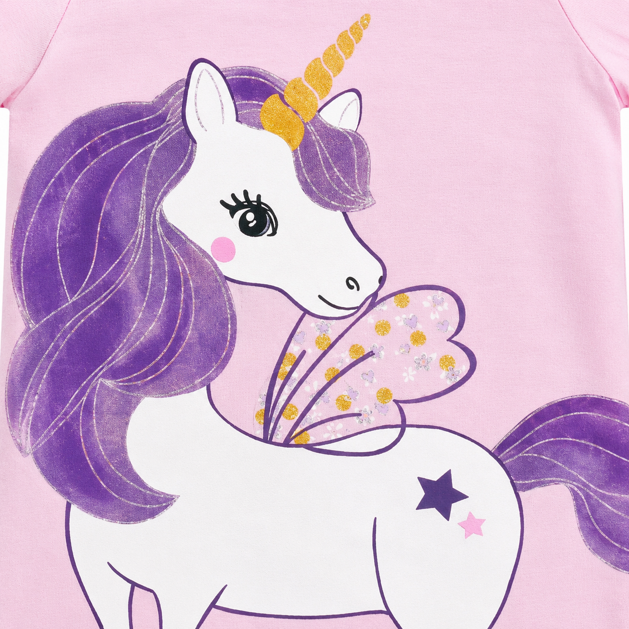 Close-up of the unicorn graphic on the pink girls T-shirt.