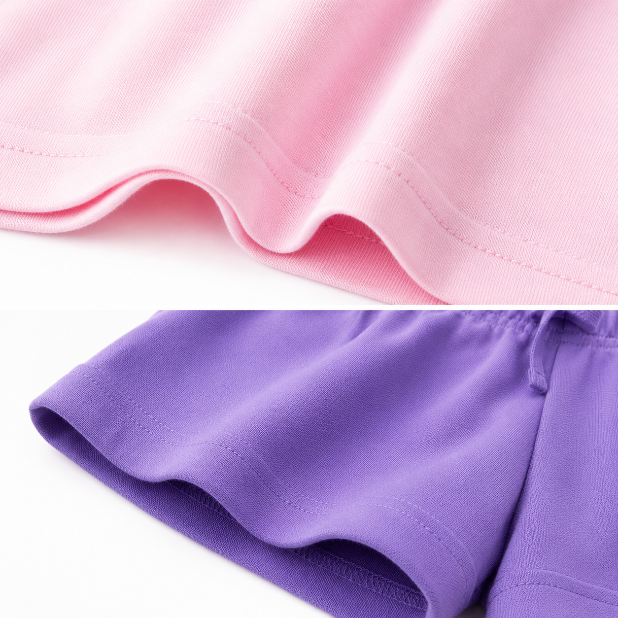 Close-up of the pink T-shirt hem and purple shorts fabric detail.