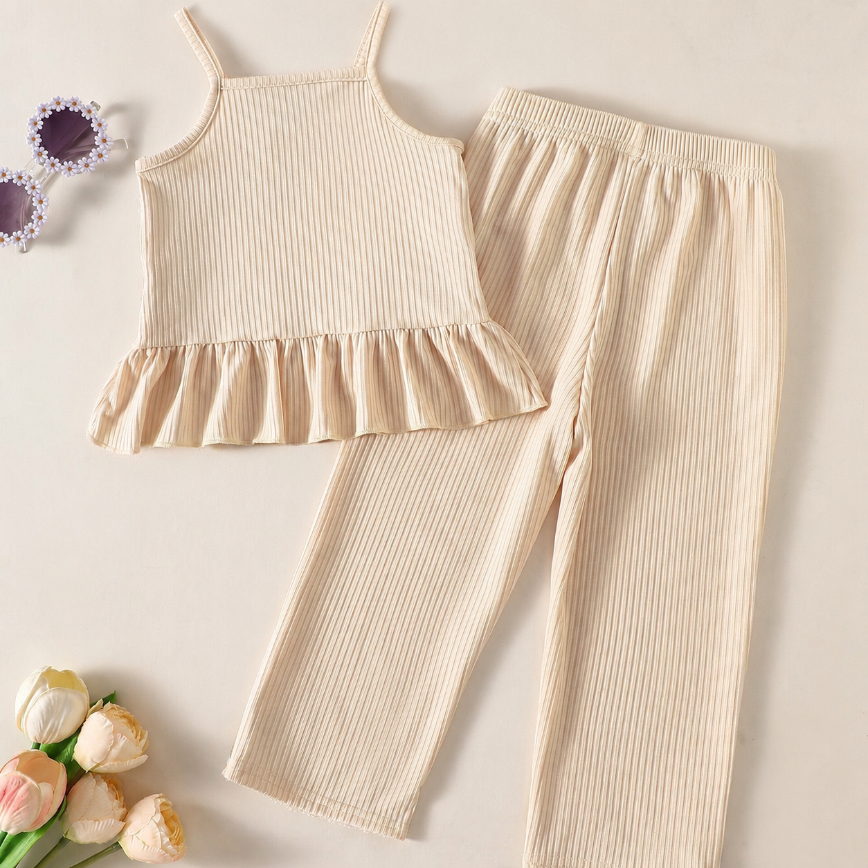 Back view of Marisol Crochet Set ivory cream girls cami wide-leg pants set