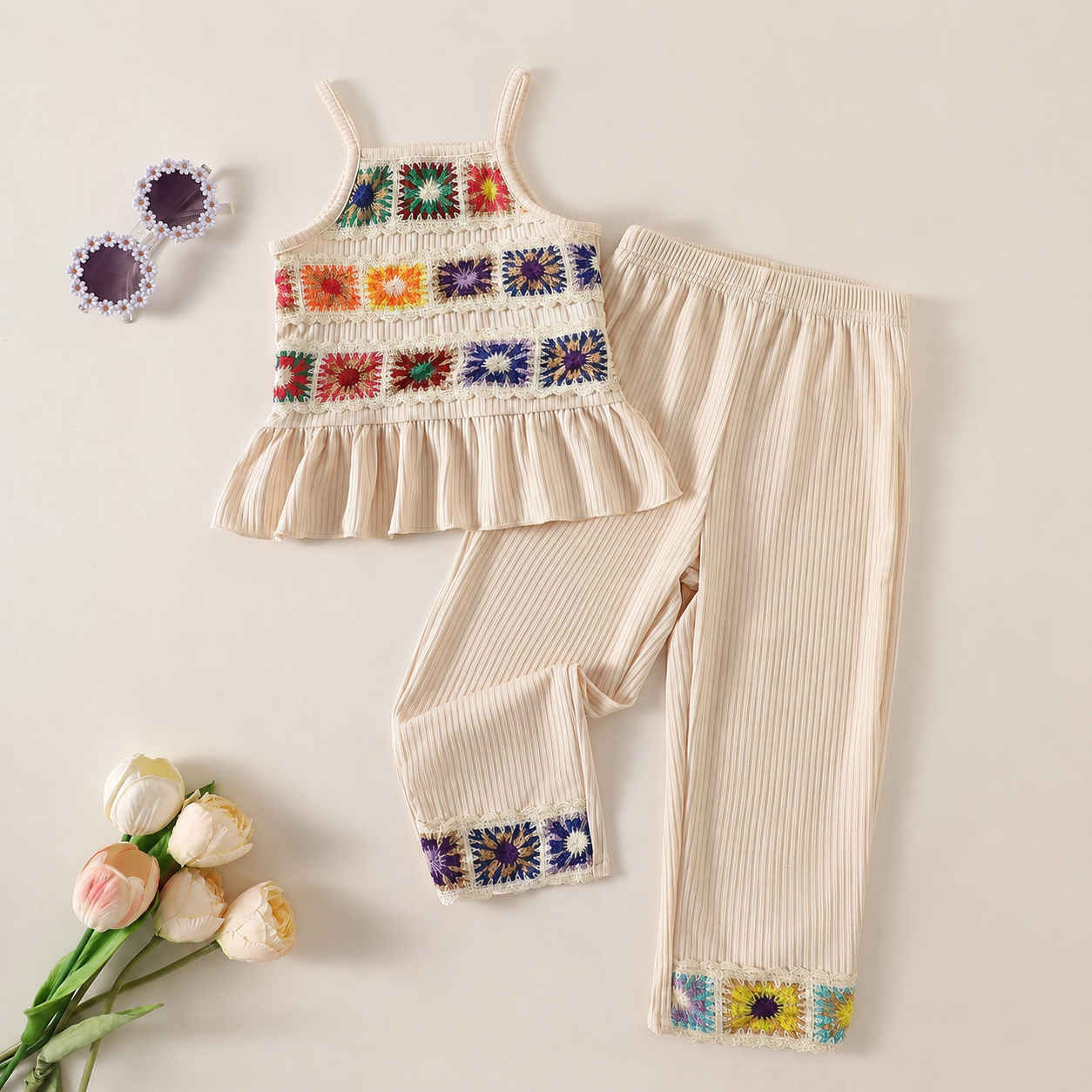 Front view of Marisol Crochet Set ivory cream girls cami wide-leg pants set