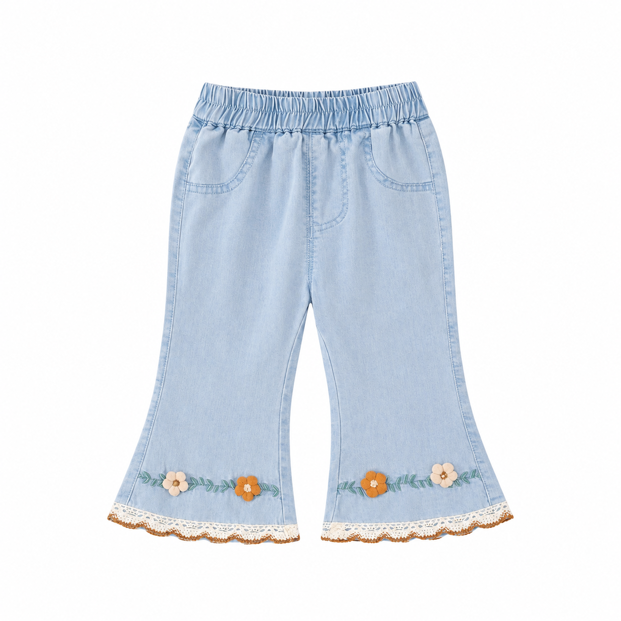 Front flat lay of light blue girls embroidered cropped jeans with floral lace hem details.