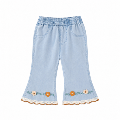 Front flat lay of light blue girls embroidered cropped jeans with floral lace hem details.
