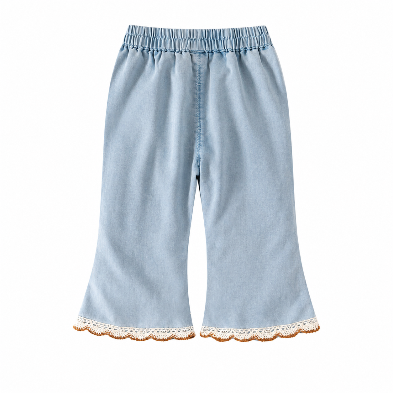 Back flat lay of light blue girls cropped jeans with elastic waistband.