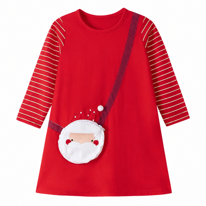 Front flat lay of the red girls Santa Christmas cotton dress with striped long sleeves.