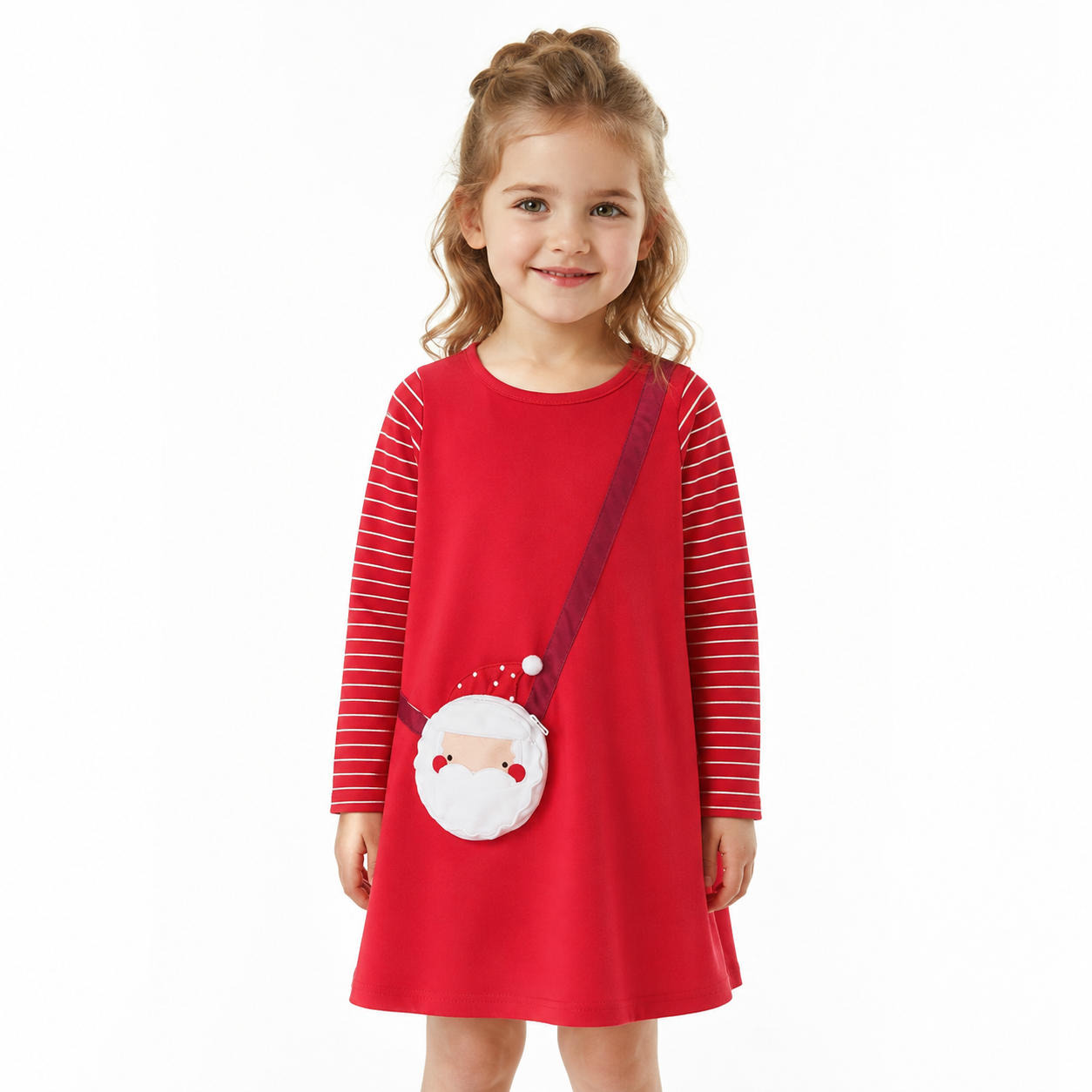 Girl model wearing the red Santa Christmas long sleeve cotton dress.