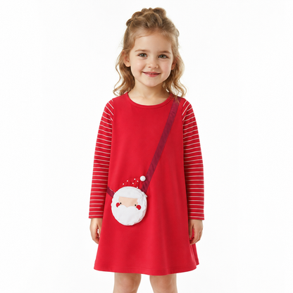 Girl model wearing the red Santa Christmas long sleeve cotton dress.