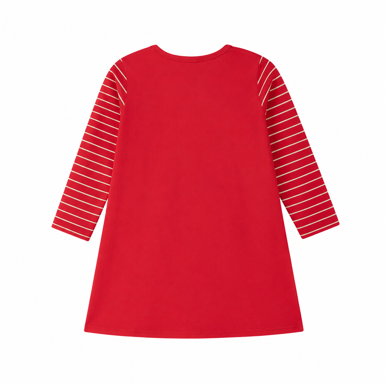 Back flat lay of the red girls long sleeve Christmas dress.