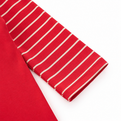 Close-up of the red and white striped long sleeve detail.