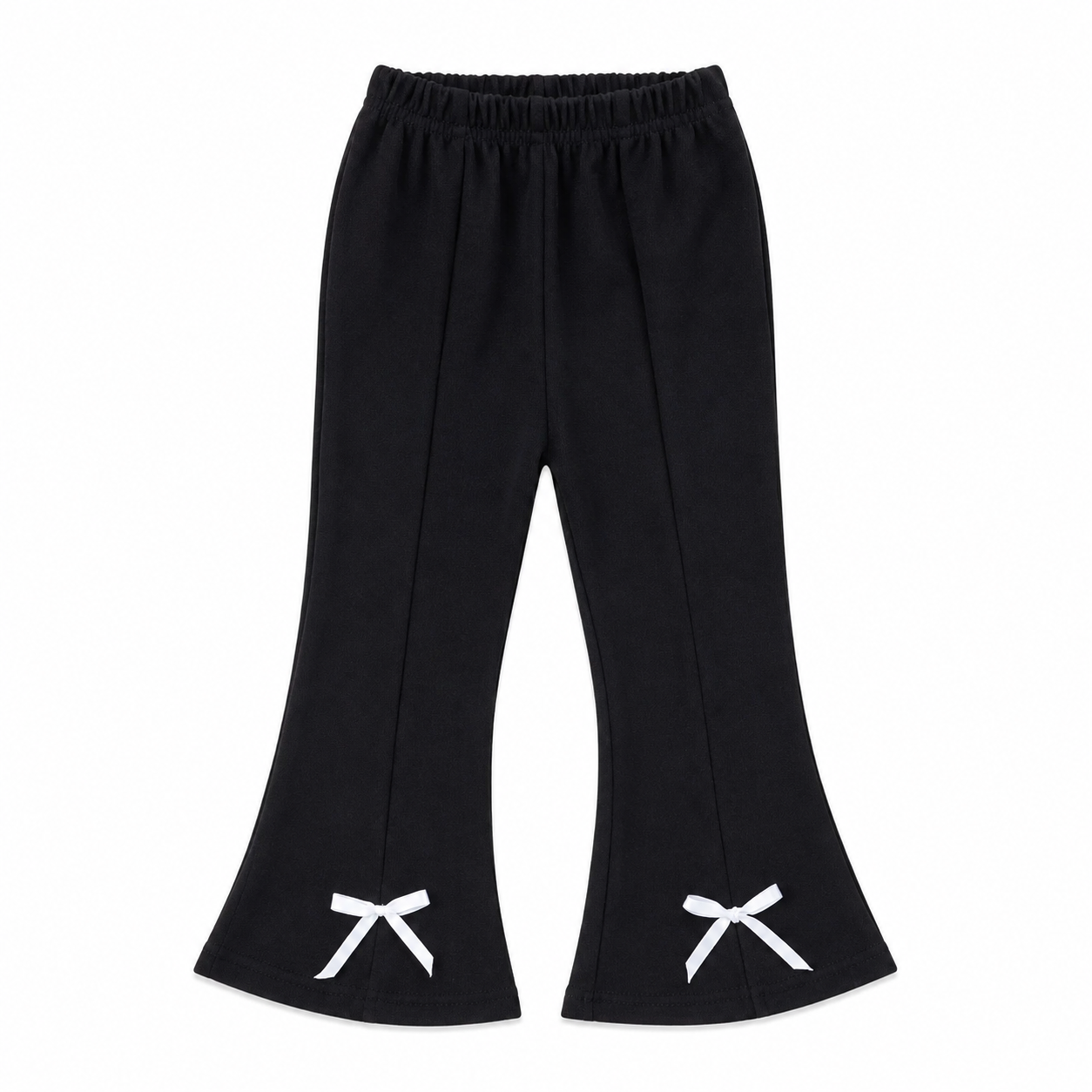 Front flat lay of black girls flare pants with white bow details at the hems.