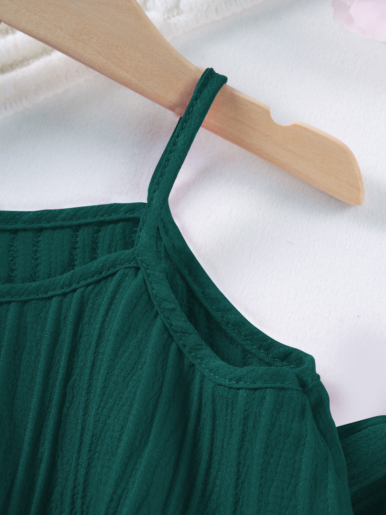 Shoulder strap detail on Mila Breeze deep teal toddler girls cami top