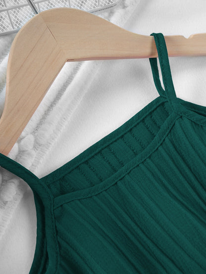 Strap and neckline detail on Mila Breeze deep teal ruffle cami top